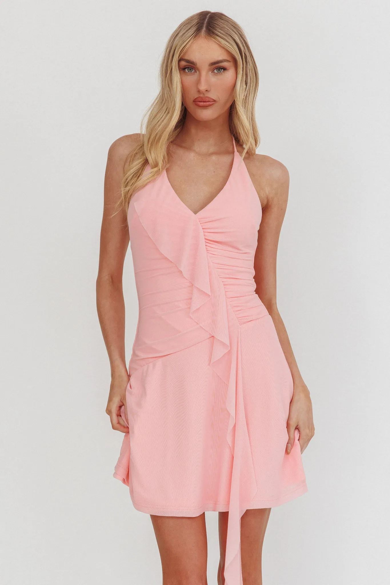 Belize Nights Ruffle Trim Halter Neckline Mini Dress Pink sold by Selfie Leslie product image thumbnail 5