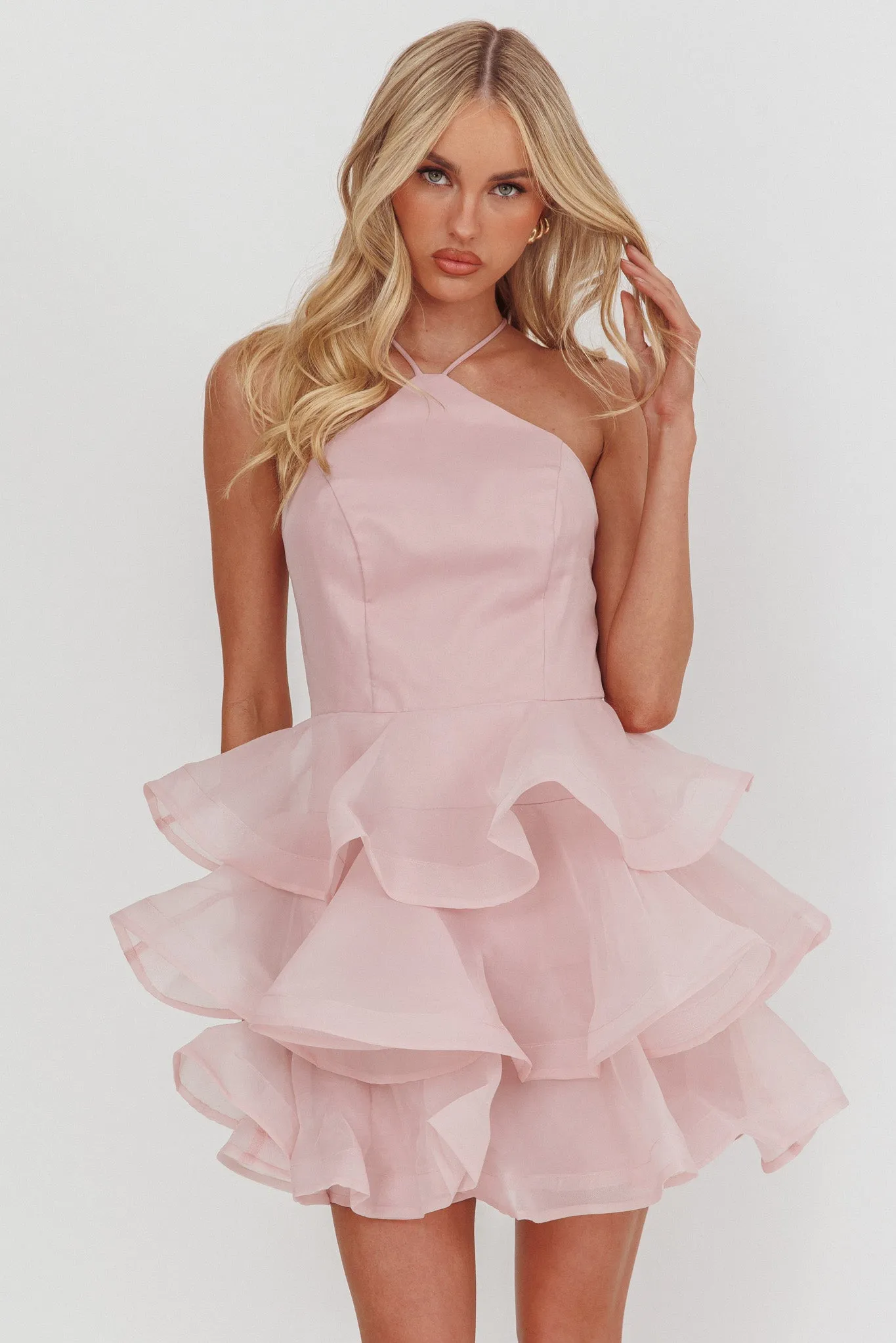 Kiera Layered Ruffle Strappy Mini Dress Pink sold by Selfie Leslie
