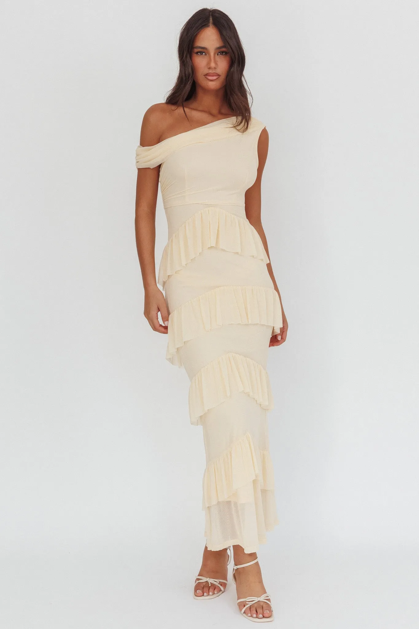 Anaisa Asymmetric Neckline Frill Maxi Dress Cream sold by Selfie Leslie product image thumbnail 5