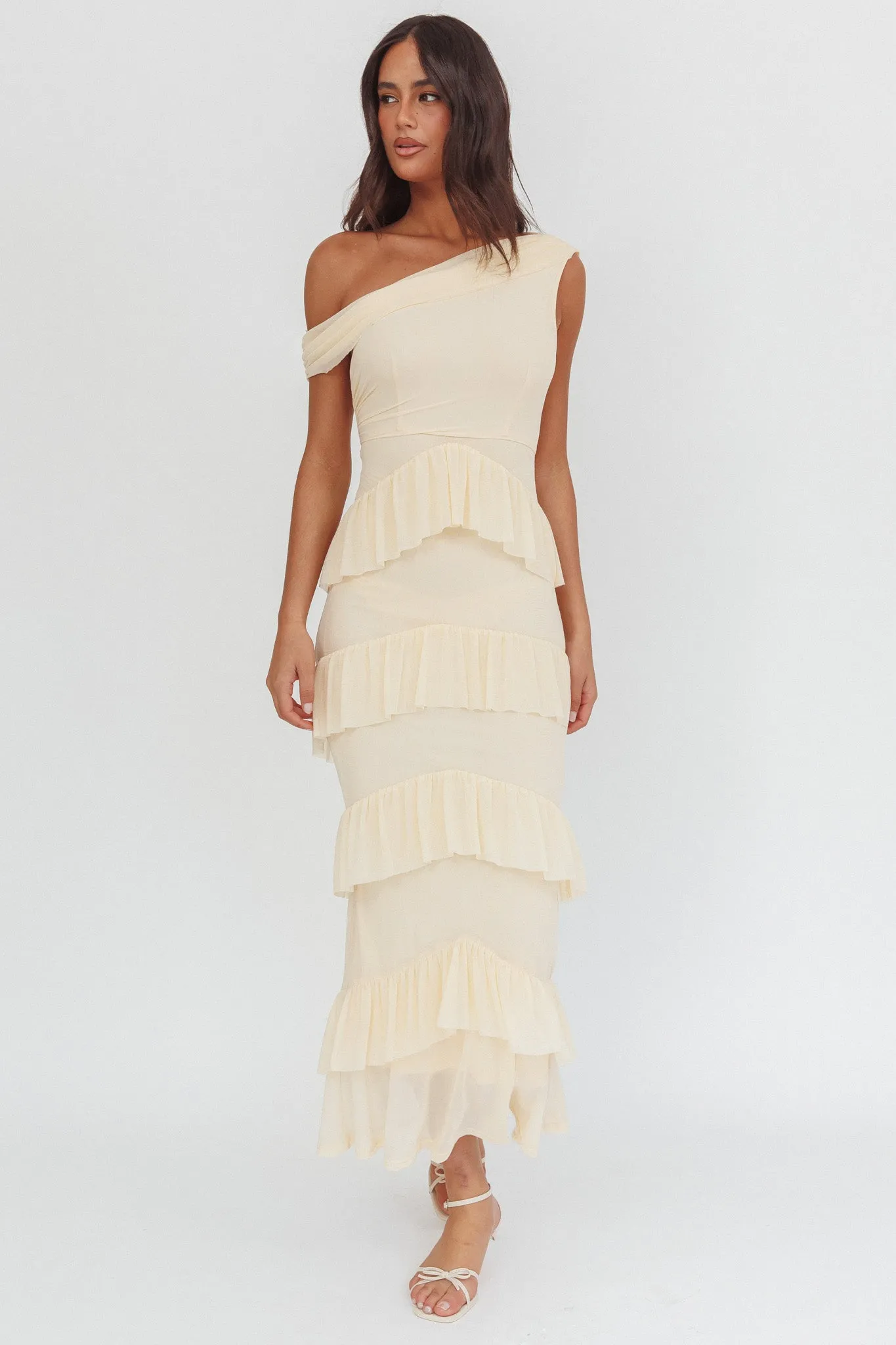 Anaisa Asymmetric Neckline Frill Maxi Dress Cream sold by Selfie Leslie product image thumbnail 4