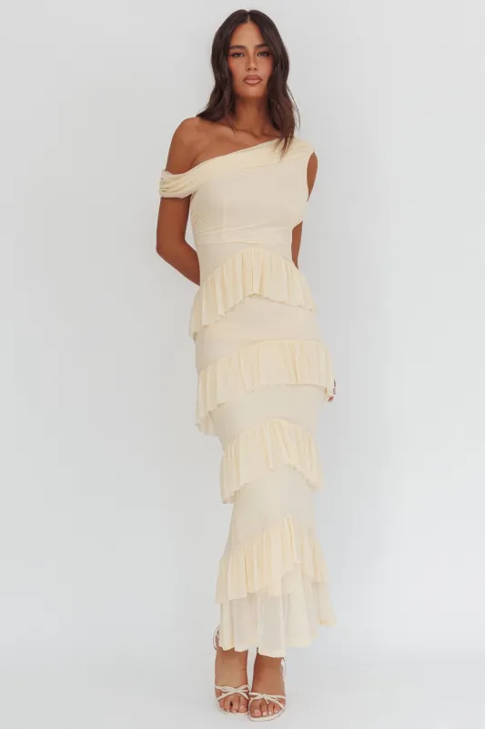 Anaisa Asymmetric Neckline Frill Maxi Dress Cream sold by Selfie Leslie