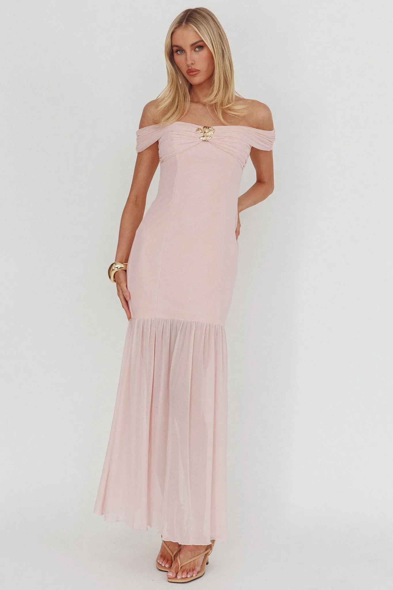 Wilma Off-Shoulder Sheer Hem Maxi Dress Pink sold by Selfie Leslie