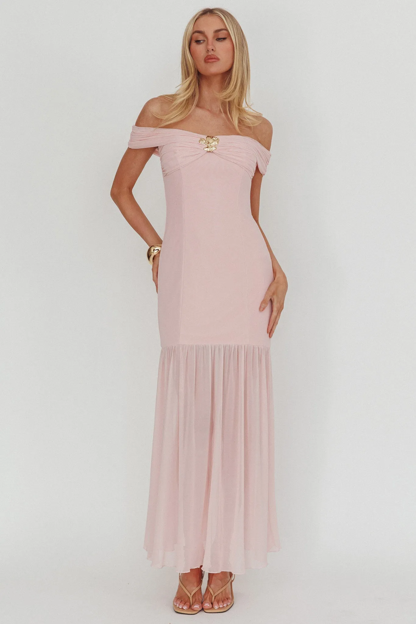 Wilma Off-Shoulder Sheer Hem Maxi Dress Pink sold by Selfie Leslie product image thumbnail 5