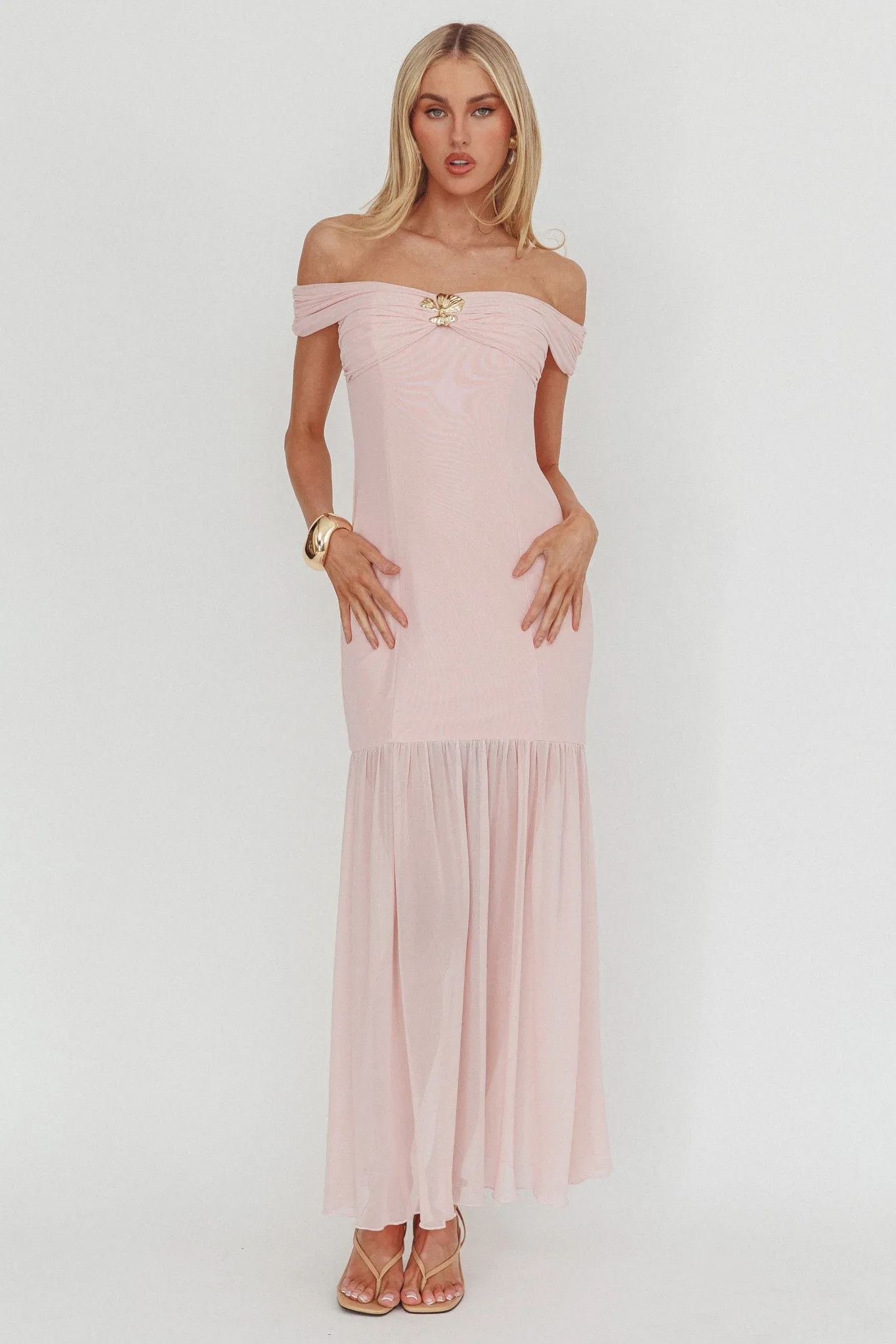 Wilma Off-Shoulder Sheer Hem Maxi Dress Pink sold by Selfie Leslie product image thumbnail 4