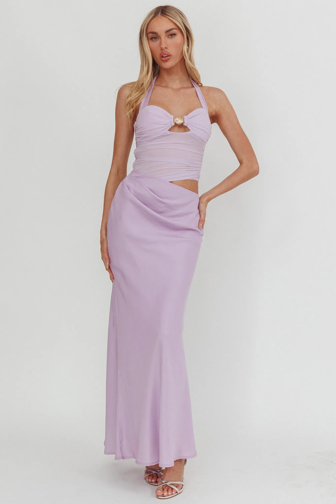 Sandy Shell Buckle Halter Maxi Dress Lilac sold by Selfie Leslie