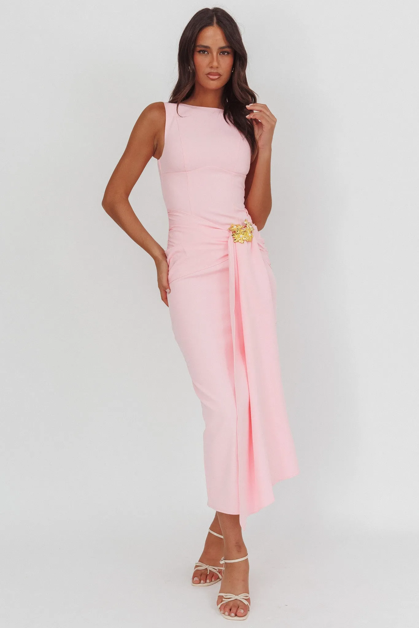 Zimora Gold Buckle Waist Drape Maxi Dress Pink sold by Selfie Leslie