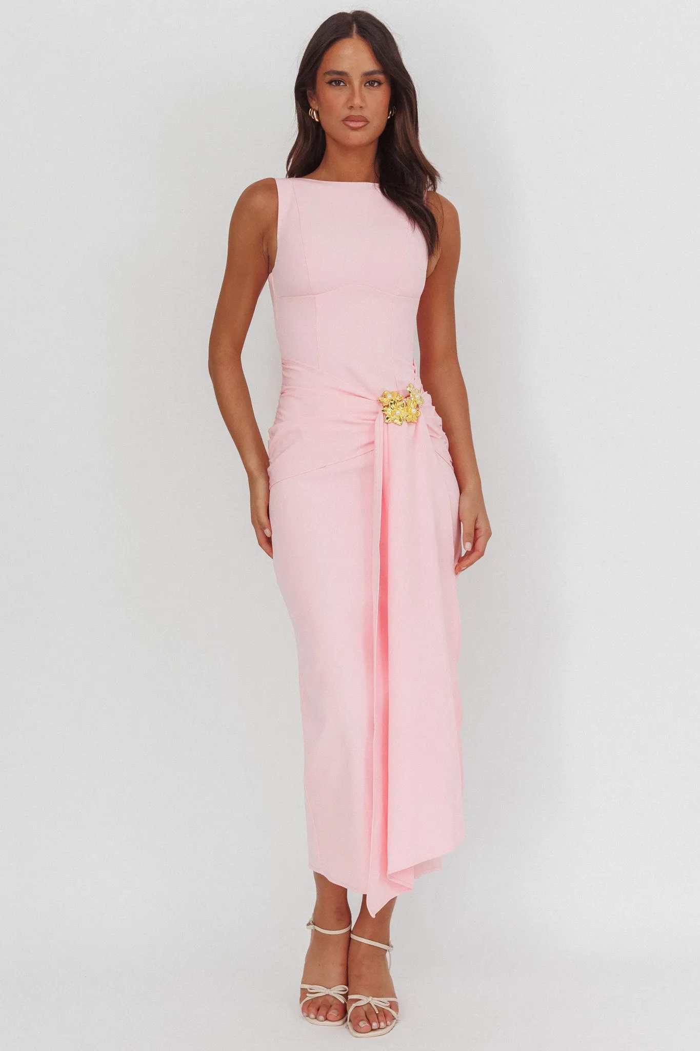 Zimora Gold Buckle Waist Drape Maxi Dress Pink sold by Selfie Leslie product image thumbnail 5