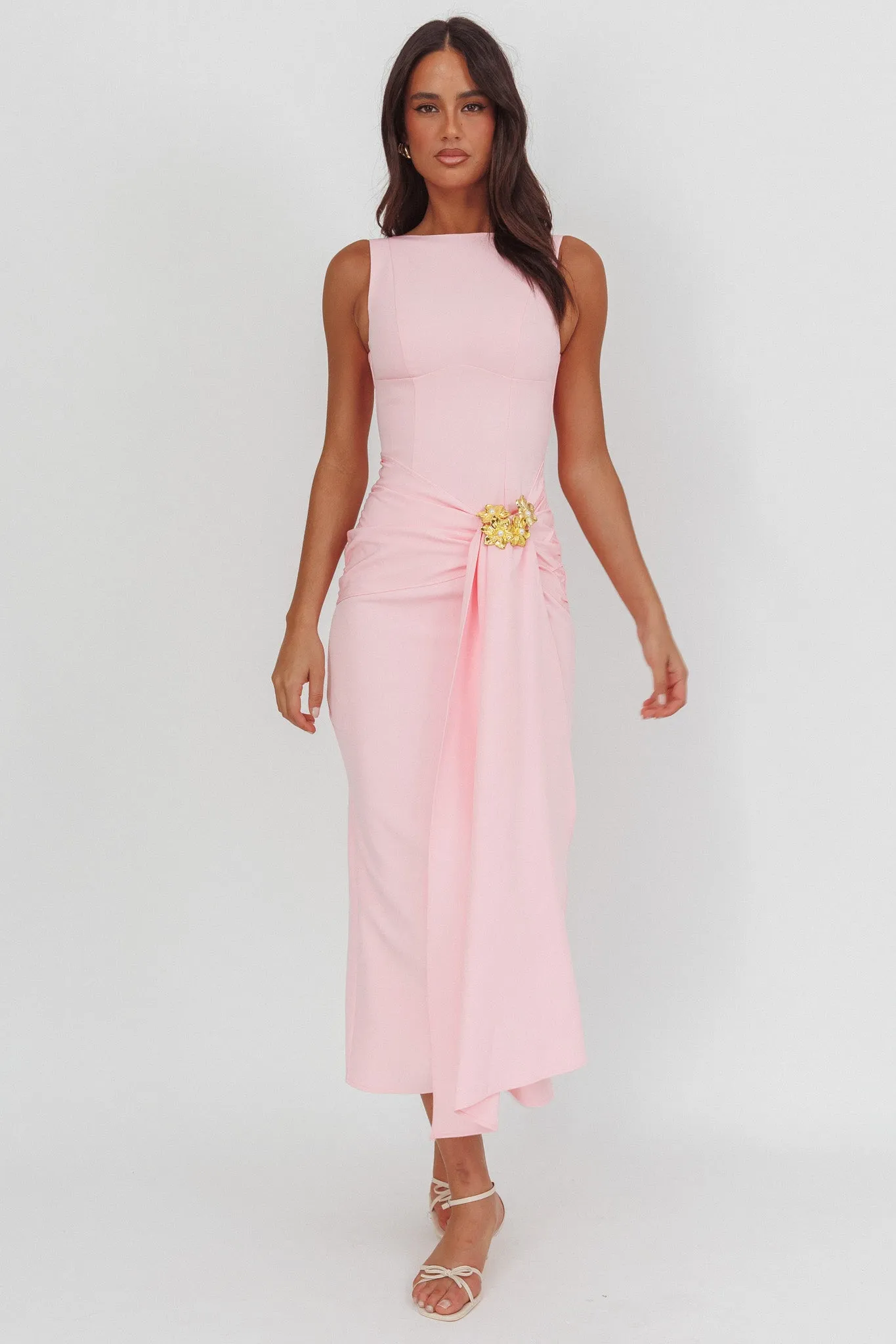 Zimora Gold Buckle Waist Drape Maxi Dress Pink sold by Selfie Leslie product image thumbnail 4