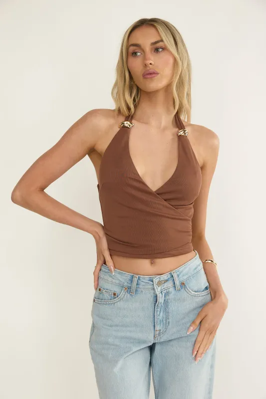 Zima Gold Accent Surplice Neckline Halter Top Chocolate sold by Selfie Leslie