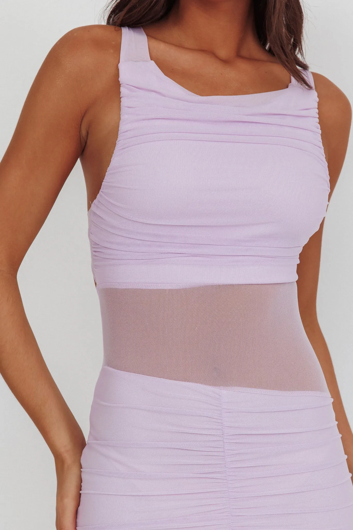 Sade Sheer Panel Ruched Maxi Dress Lilac sold by Selfie Leslie product image thumbnail 3