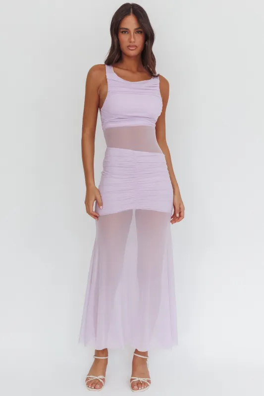 Sade Sheer Panel Ruched Maxi Dress Lilac sold by Selfie Leslie