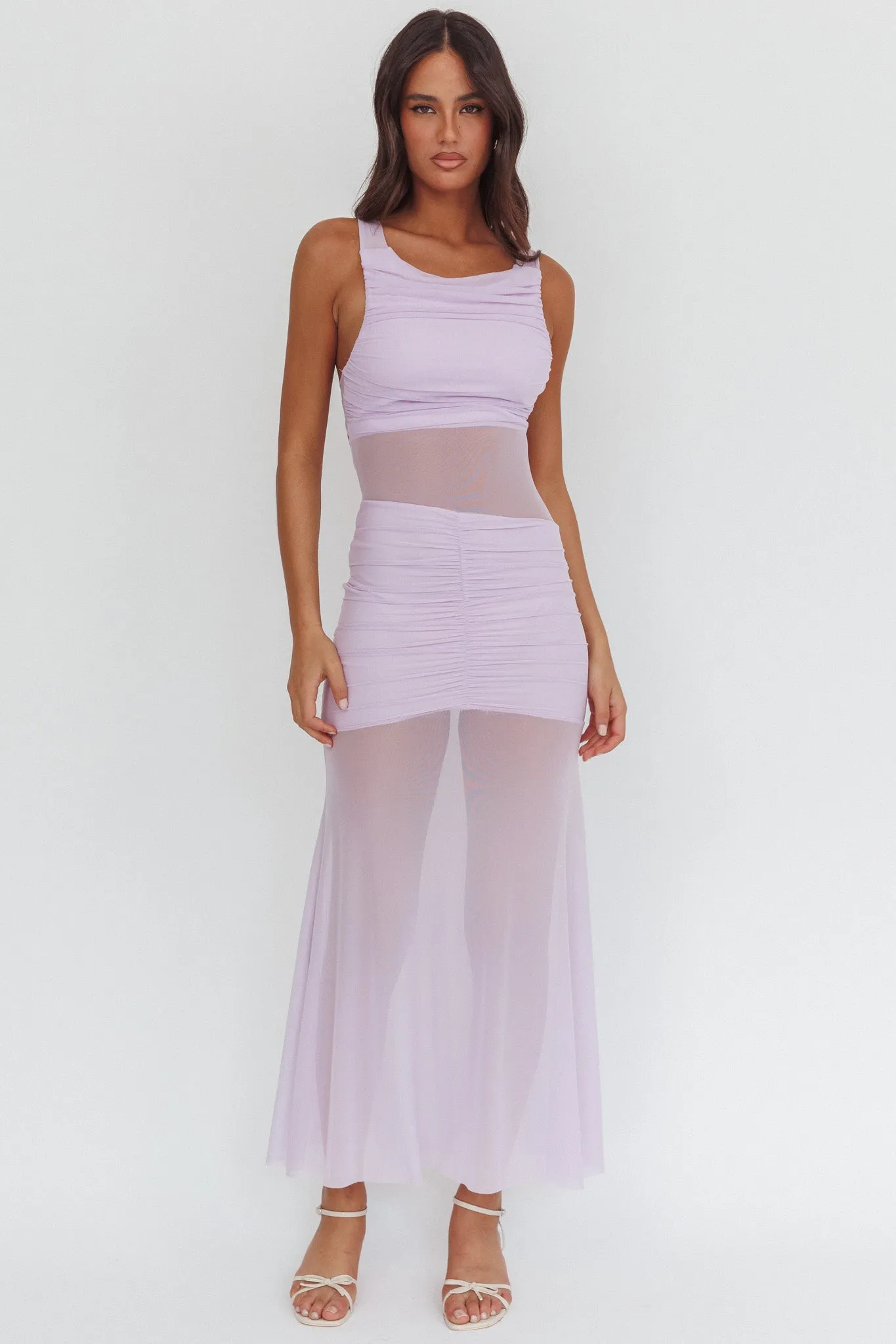 Sade Sheer Panel Ruched Maxi Dress Lilac sold by Selfie Leslie