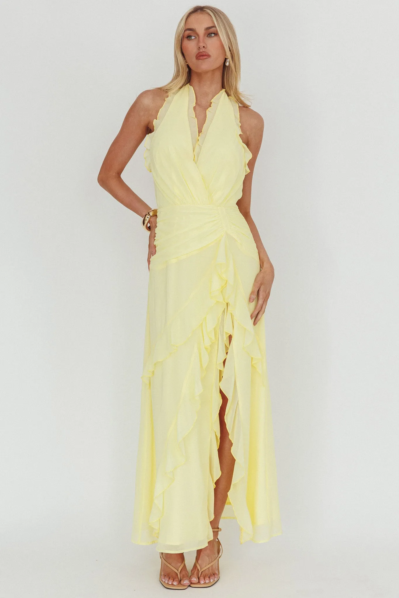 Enticing Halterneck Frill Maxi Dress Yellow sold by Selfie Leslie product image thumbnail 5