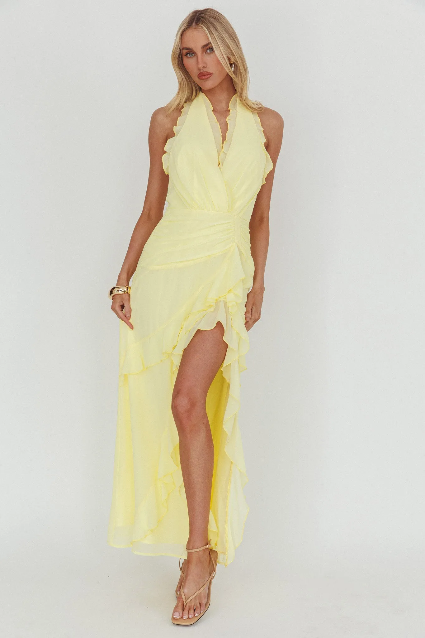 Enticing Halterneck Frill Maxi Dress Yellow sold by Selfie Leslie