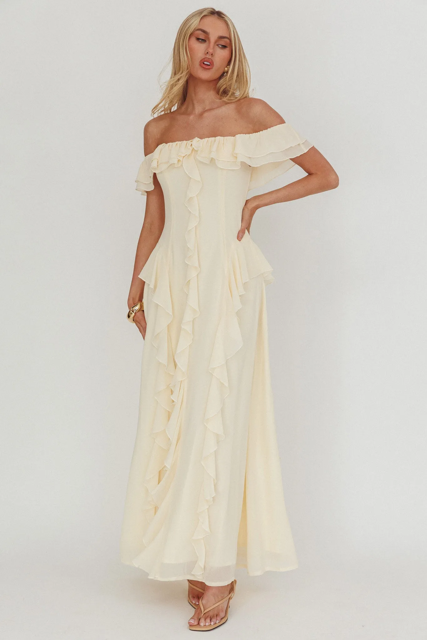 Scarlet Off-Shoulder Ruffle Trim Maxi Dress Butter sold by Selfie Leslie product image thumbnail 5