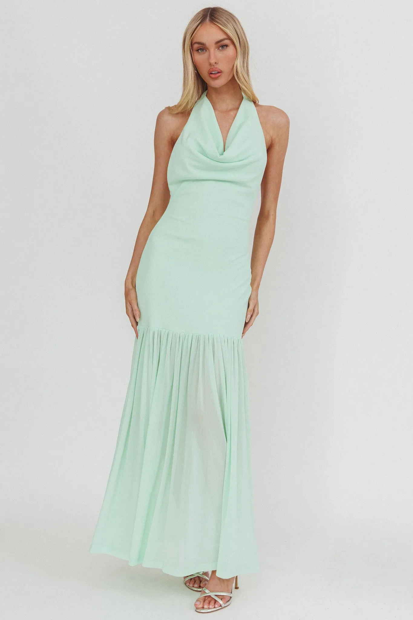 Kailyn Cowl Neck Sheer Hem Maxi Dress Mint sold by Selfie Leslie