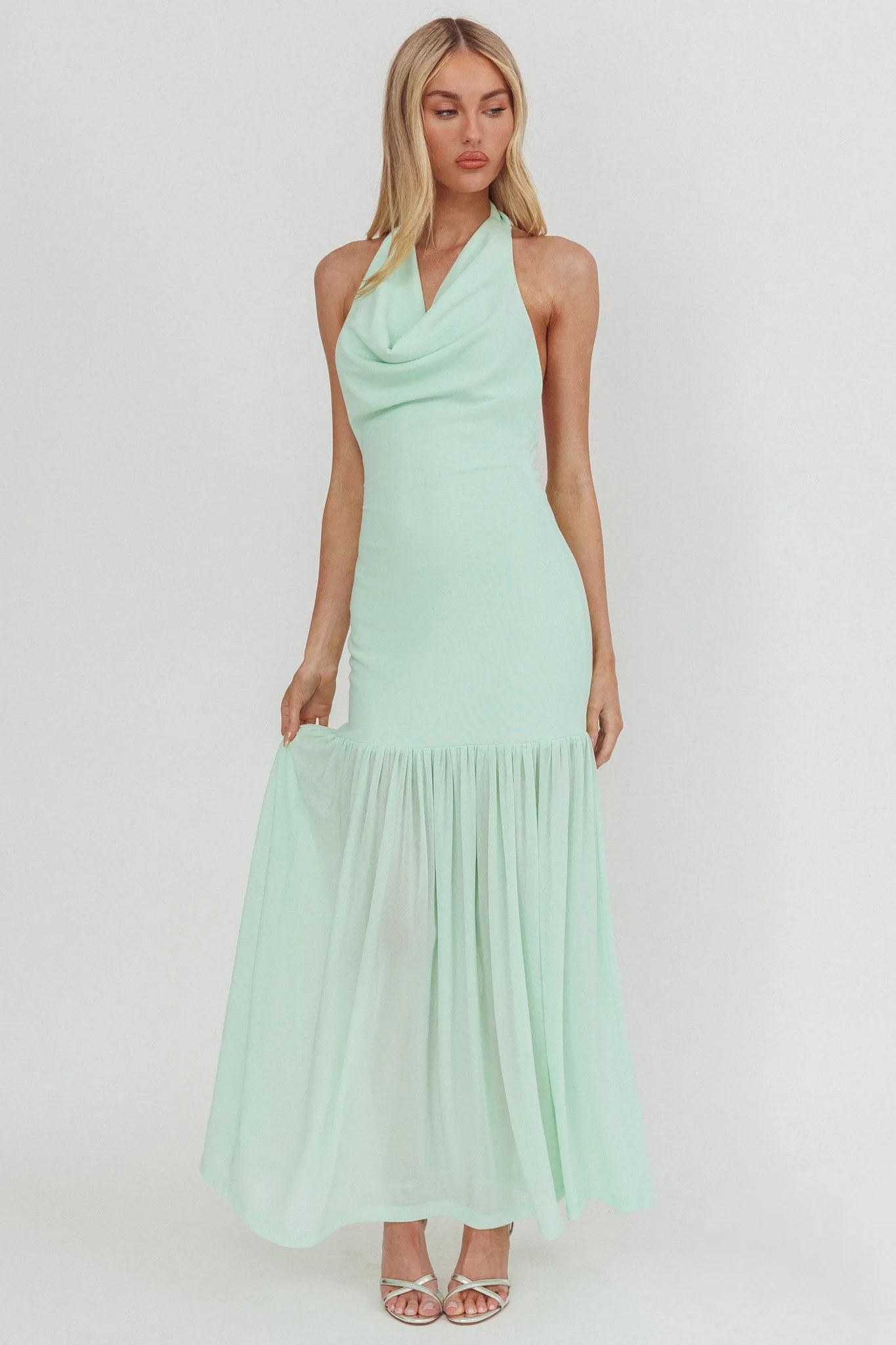 Kailyn Cowl Neck Sheer Hem Maxi Dress Mint sold by Selfie Leslie product image thumbnail 4