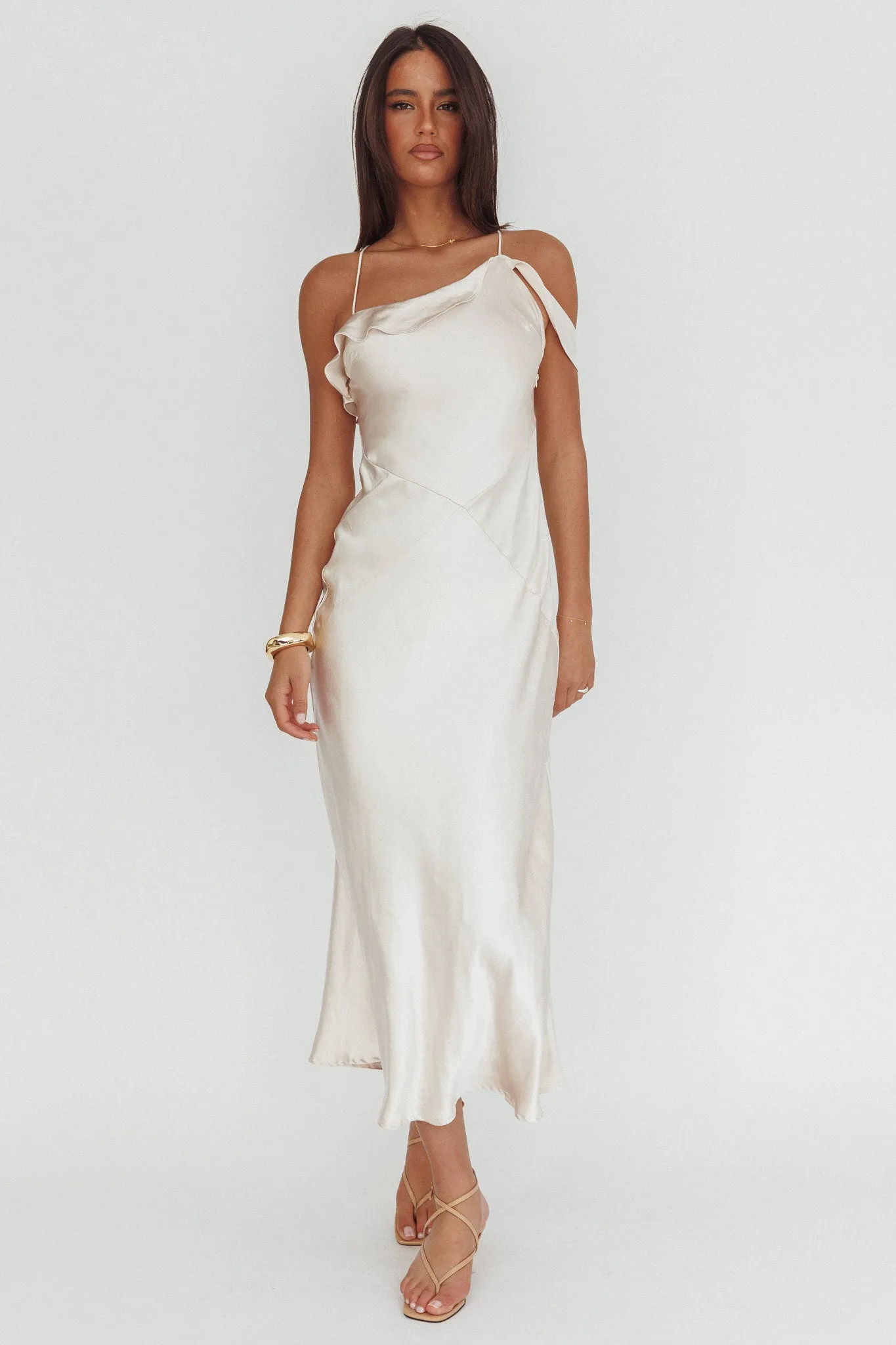 Lexington Draped Shoulder Criss-Cross Back Maxi Dress Oyster sold by Selfie Leslie