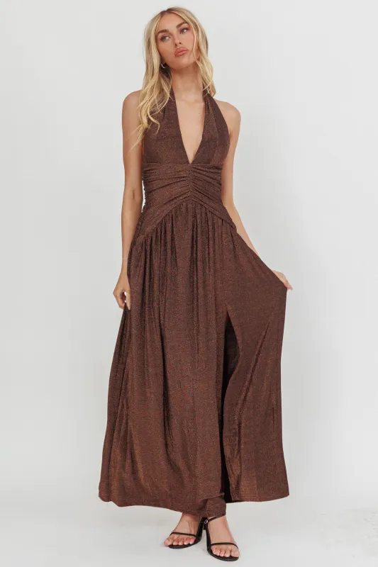 Italia Azure Gathered Waist Maxi Dress Shimmer Chocolate sold by Selfie Leslie