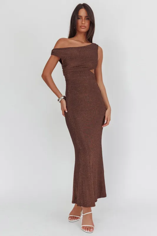 In Blooms Asymmetric Neckline Maxi Dress Shimmer Chocolate sold by Selfie Leslie