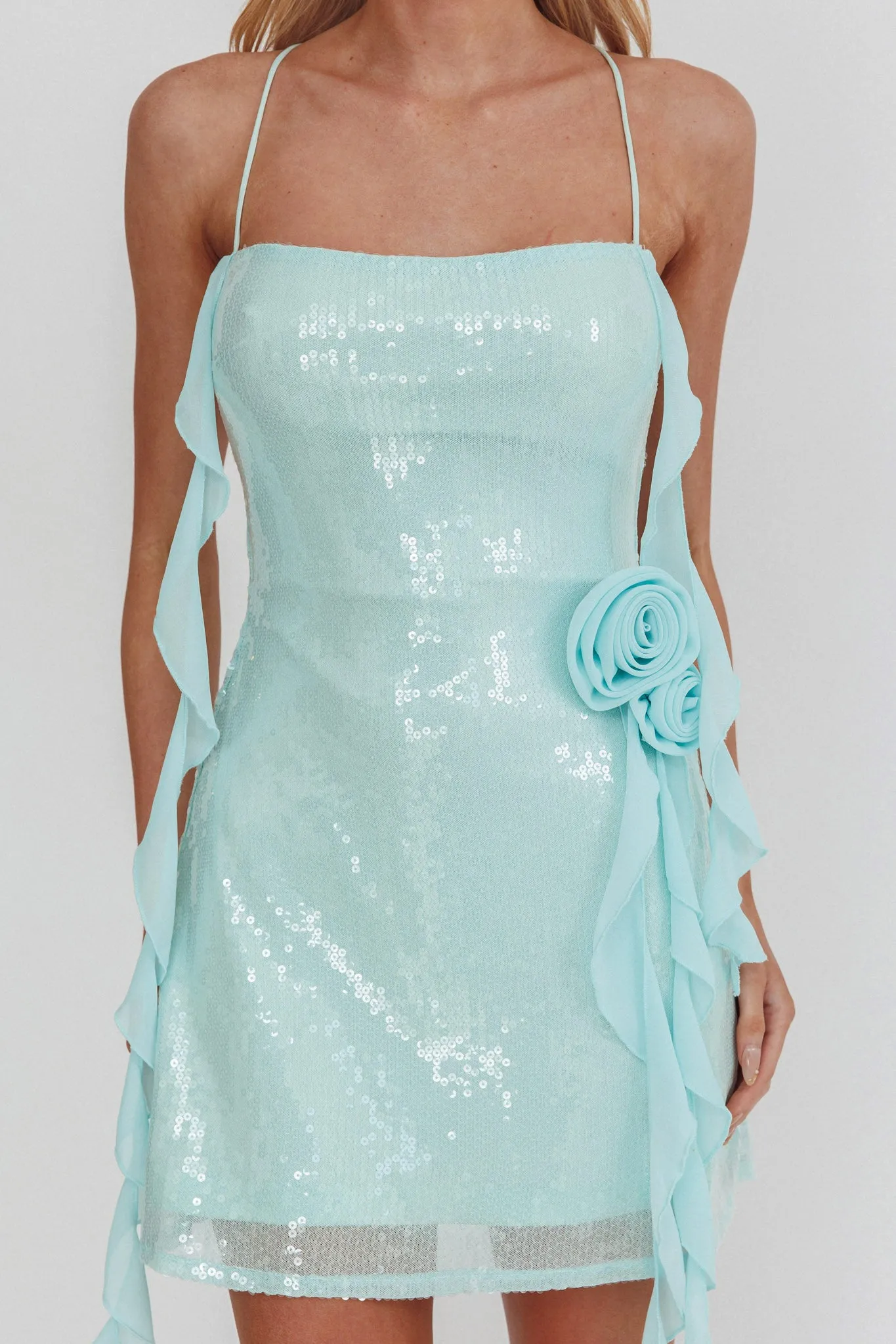 Standing Out Ruffle Rosette Trim Sequin Mini Dress Mint sold by Selfie Leslie product image thumbnail 3