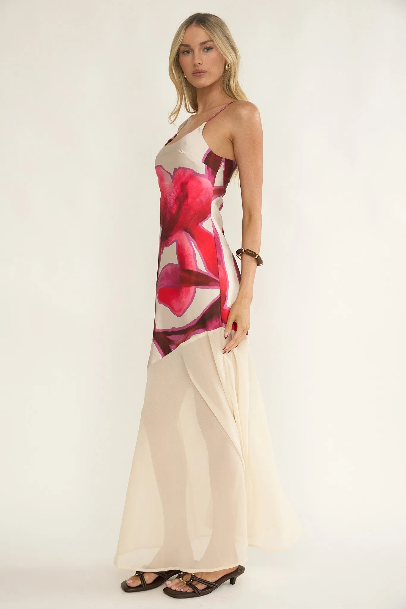 Gilded Dream Chiffon Hem Maxi Dress Print Beige sold by Selfie Leslie