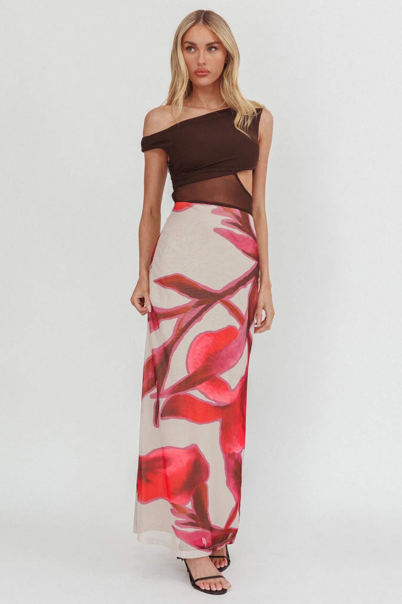 In Blooms Mesh Bodice Maxi Dress Print Chocolate sold by Selfie Leslie
