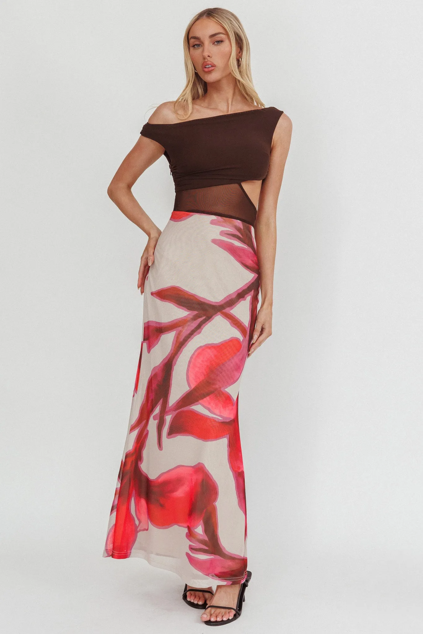 In Blooms Mesh Bodice Maxi Dress Print Chocolate sold by Selfie Leslie product image thumbnail 5