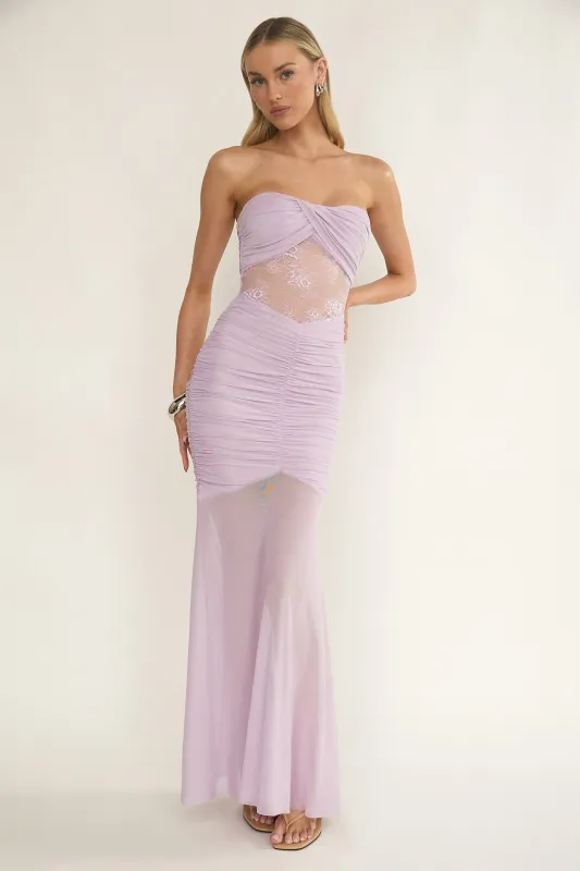 Sade Strapless Sheer Panel Ruched Maxi Dress Lilac sold by Selfie Leslie