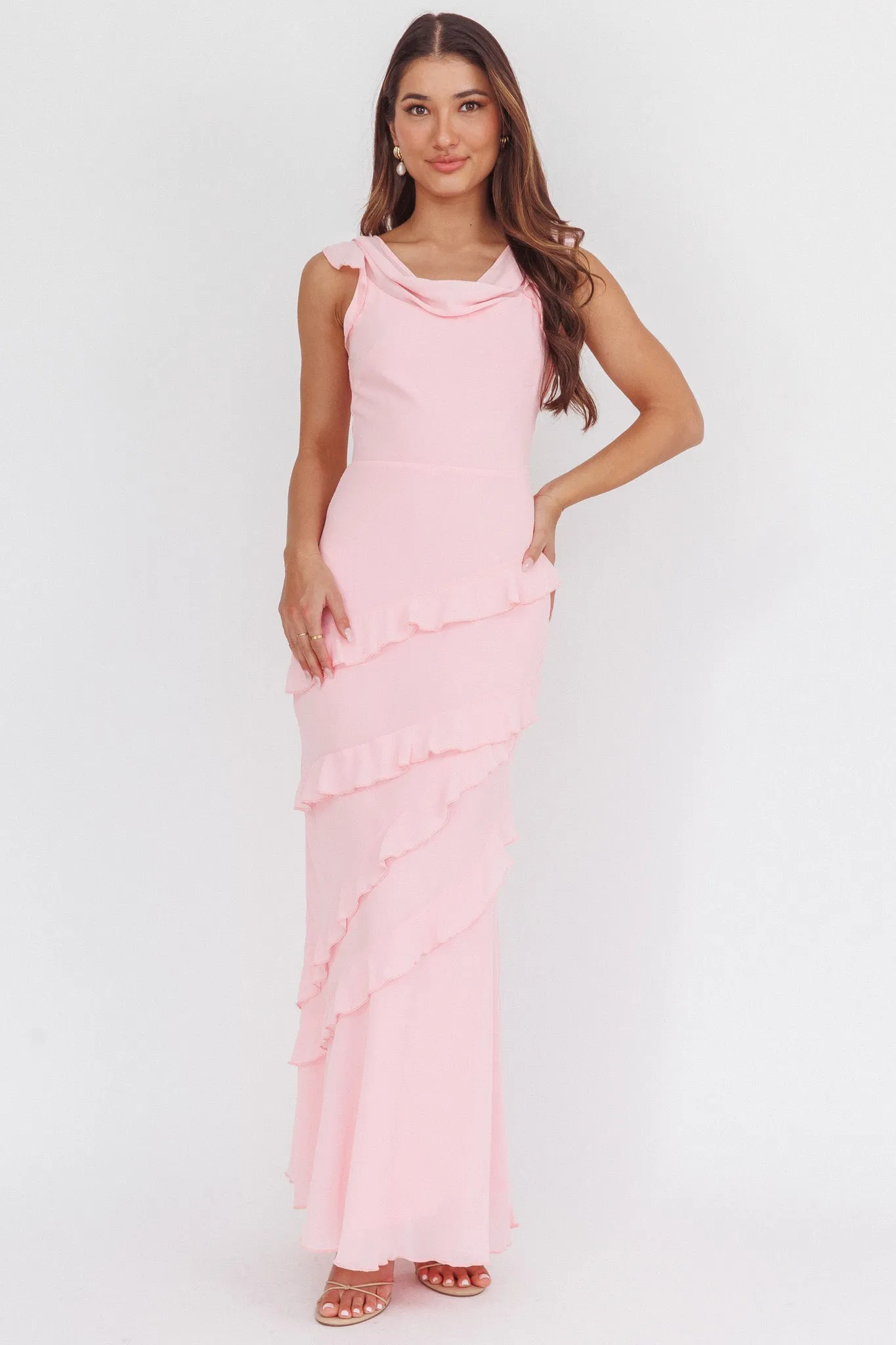 Sangria Cowl Neck Frill Maxi Dress Skin Powder sold by Selfie Leslie product image thumbnail 5