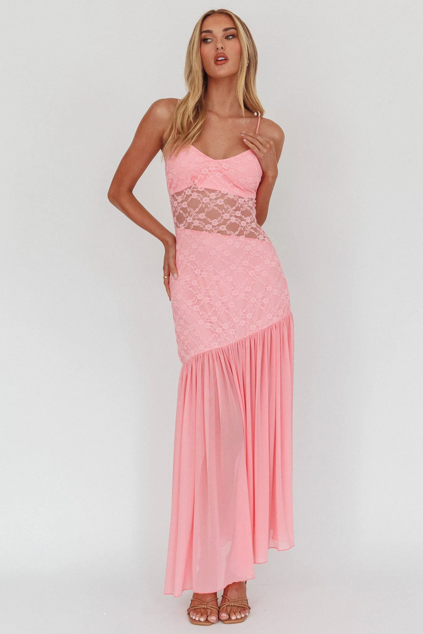 Kinley Sheer Hem Lace Maxi Dress Pink sold by Selfie Leslie product image thumbnail 5