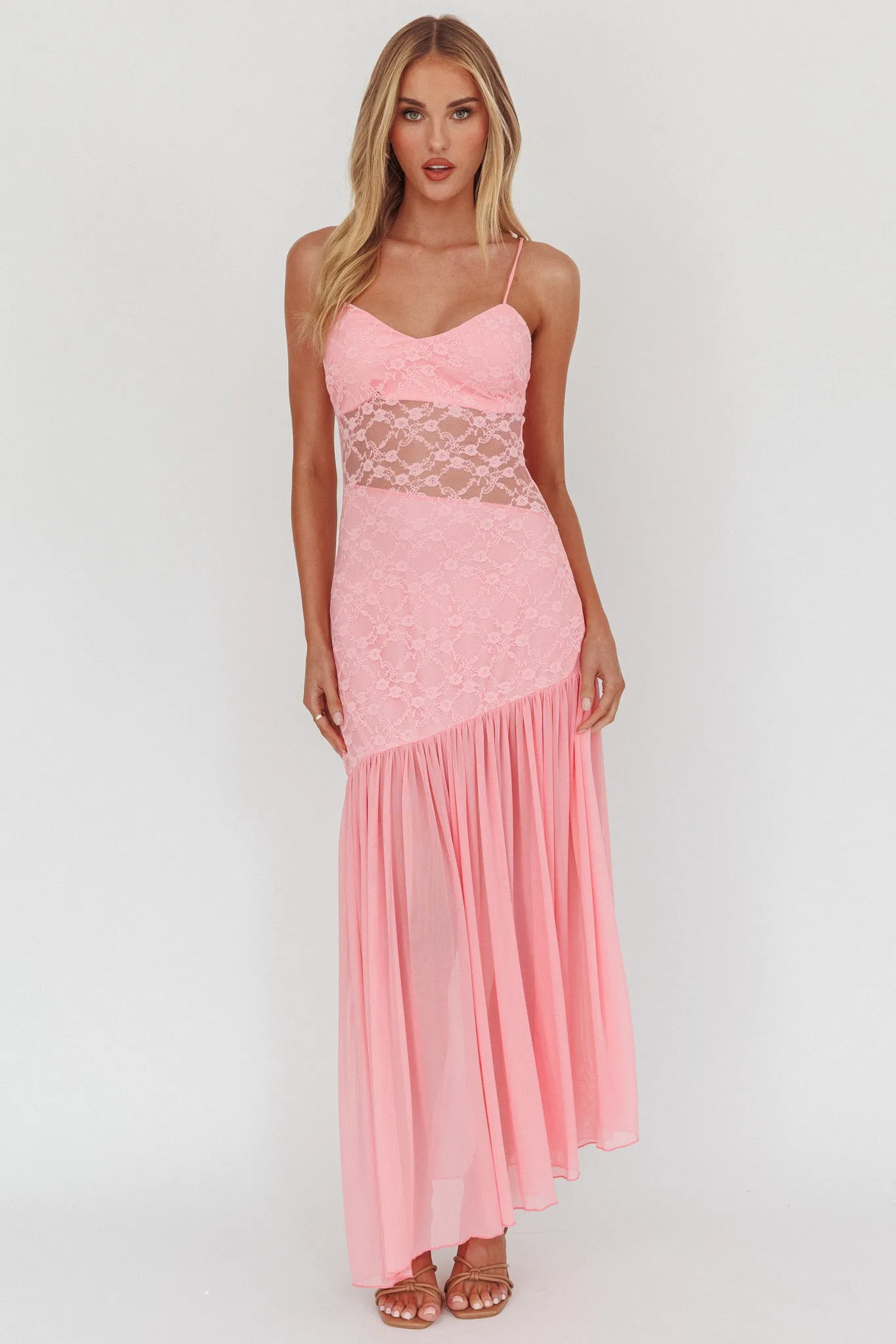 Kinley Sheer Hem Lace Maxi Dress Pink sold by Selfie Leslie product image thumbnail 4