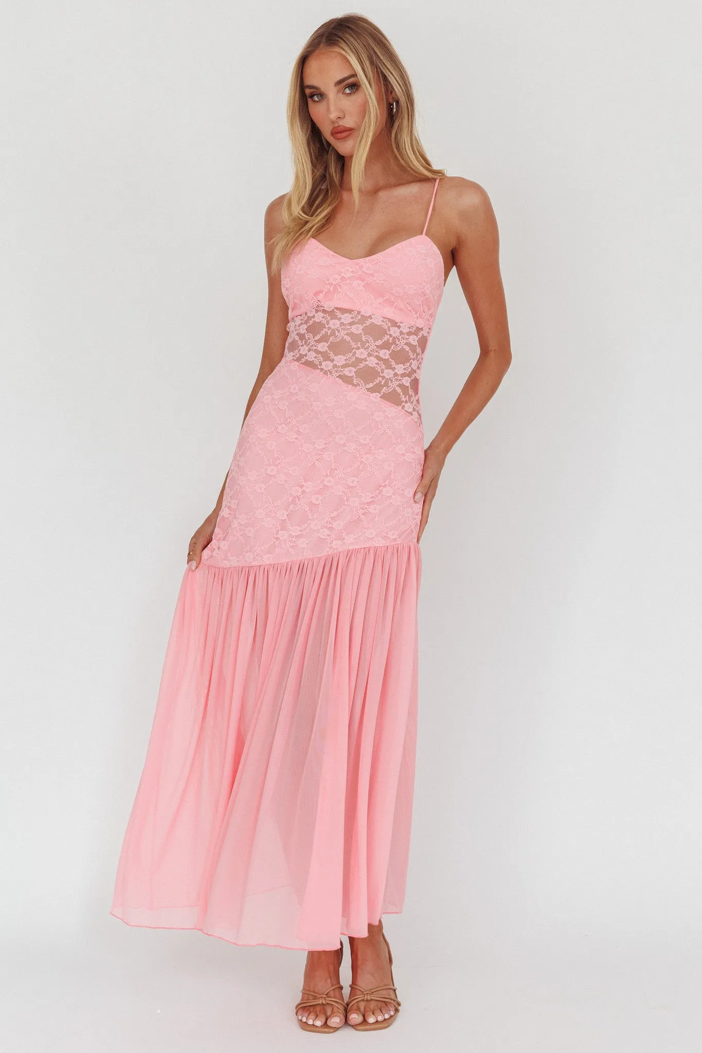 Kinley Sheer Hem Lace Maxi Dress Pink sold by Selfie Leslie