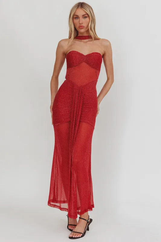 Elma Bandeau Sheer Shimmer Maxi Dress Red sold by Selfie Leslie