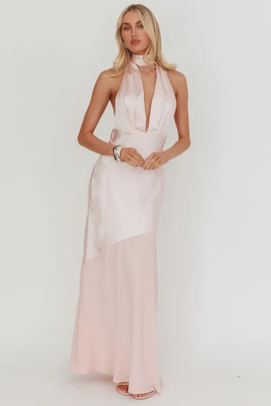 Italia Azure Halterneck Sheer Hem Maxi Dress Blush sold by Selfie Leslie