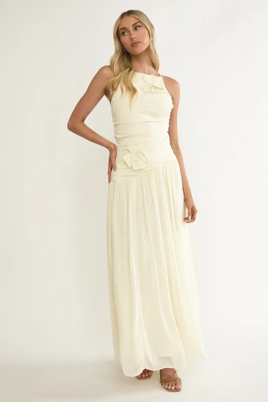 Brighten Drop Waist Flower Accent Maxi Dress Butter sold by Selfie Leslie