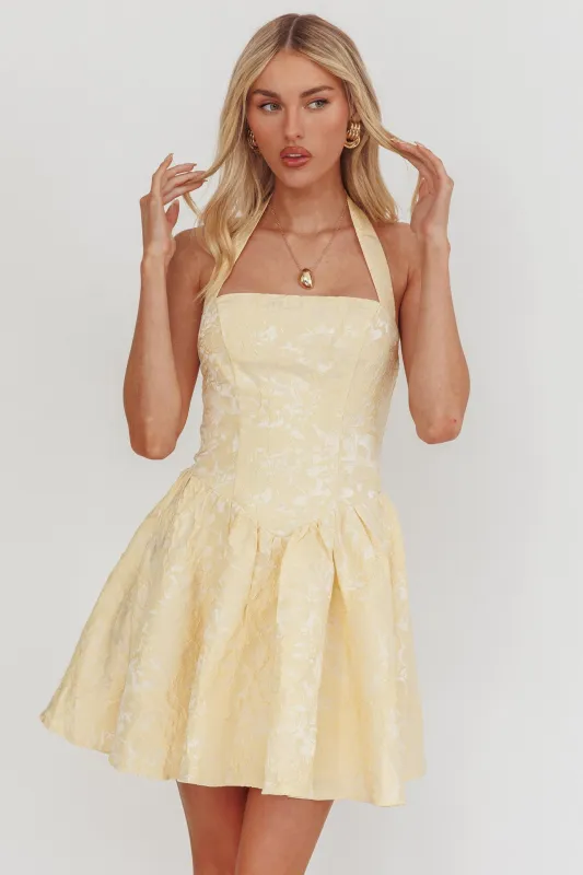Serrah Halter Mini Dress Jacquard Butter sold by Selfie Leslie