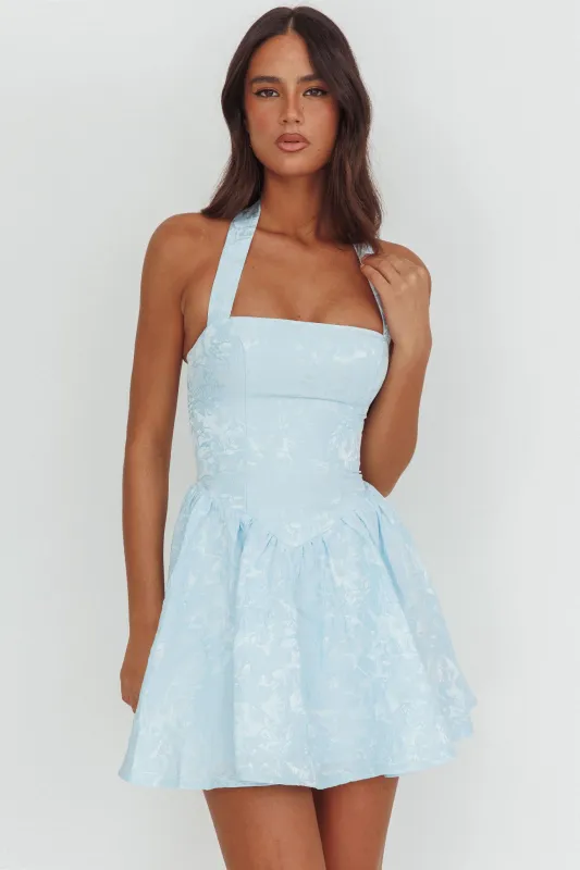 Serrah Halter Mini Dress Jacquard Blue sold by Selfie Leslie