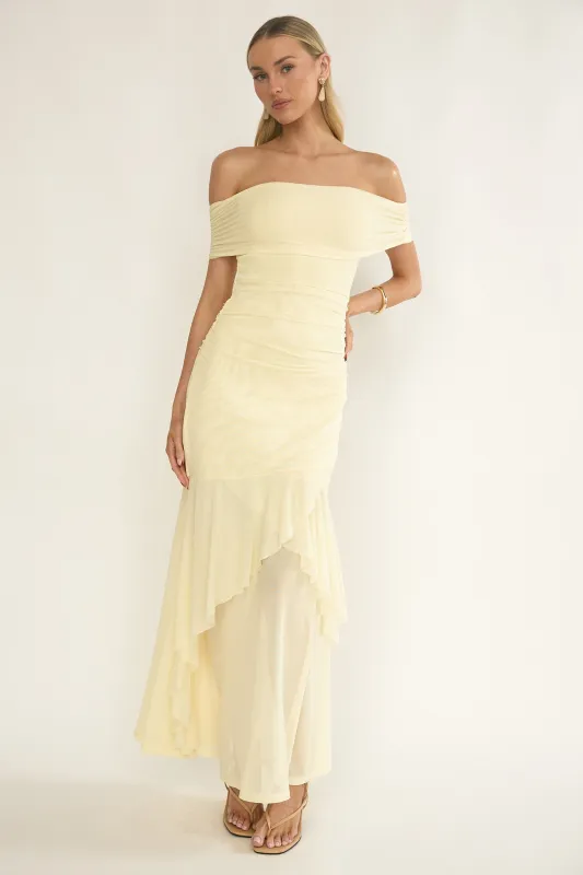 Kiarna Off-Shoulder Mesh Maxi Dress Butter sold by Selfie Leslie