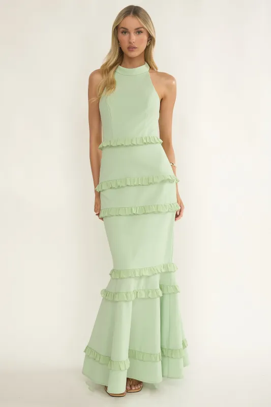 Haze Frill Trim Halterneck Maxi Dress Sage sold by Selfie Leslie