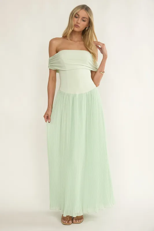 Flutters Off-Shoulder Accordion Pleat Dress Sage sold by Selfie Leslie