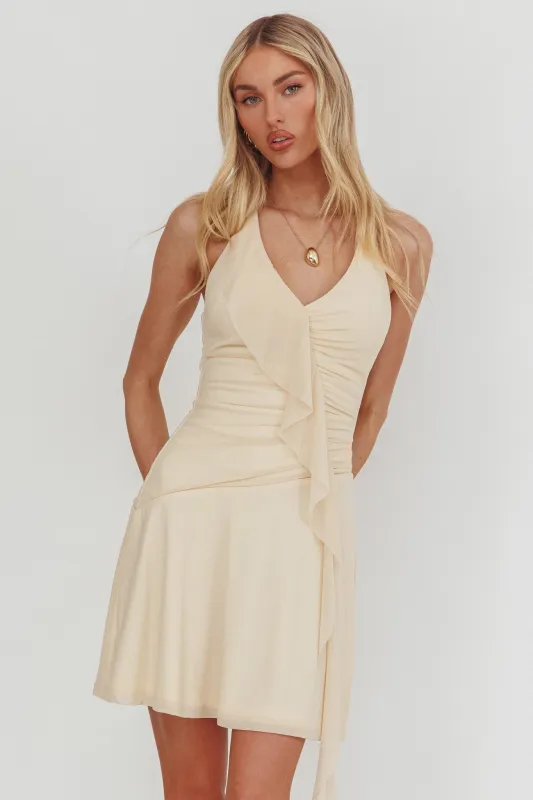 Belize Nights Ruffle Trim Halter Neckline Mini Dress Butter sold by Selfie Leslie