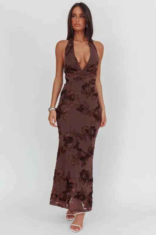 Cipriana Backless Halter Maxi Dress Embellished Brown sold by Selfie Leslie