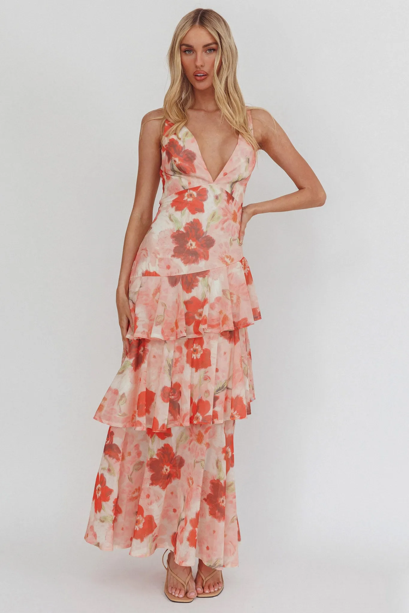 Veda Strappy Back Ruffle Maxi Dress Poppies Red sold by Selfie Leslie product image thumbnail 4