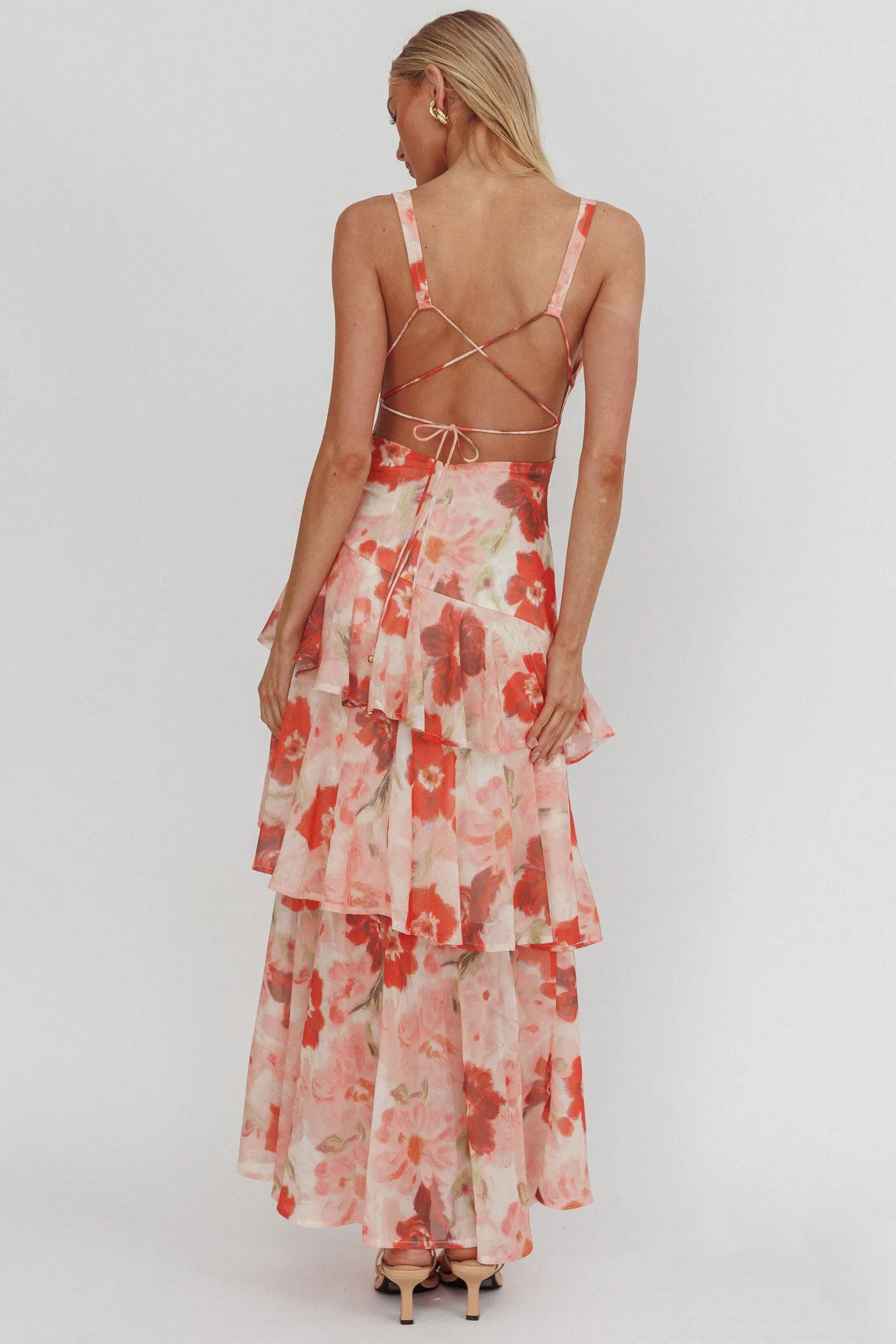 Veda Strappy Back Ruffle Maxi Dress Poppies Red sold by Selfie Leslie product image thumbnail 2