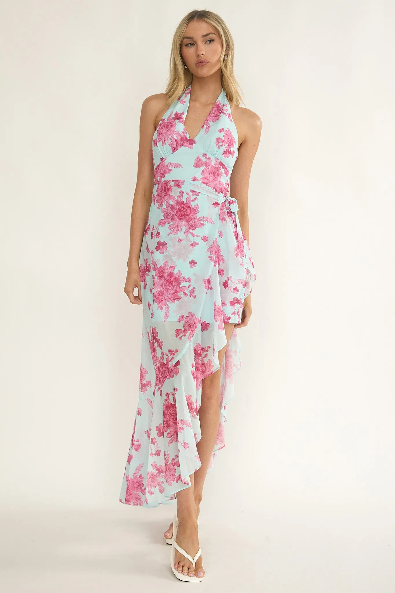 Nerida Waist Tie Asymmetric Dress Floral Ice Blue sold by Selfie Leslie