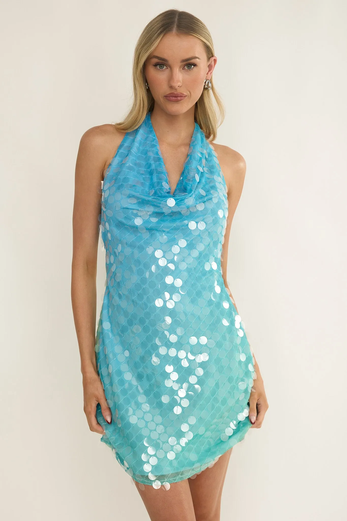 Misky Cowl Neck Sequin Mini Dress Blue Multi sold by Selfie Leslie