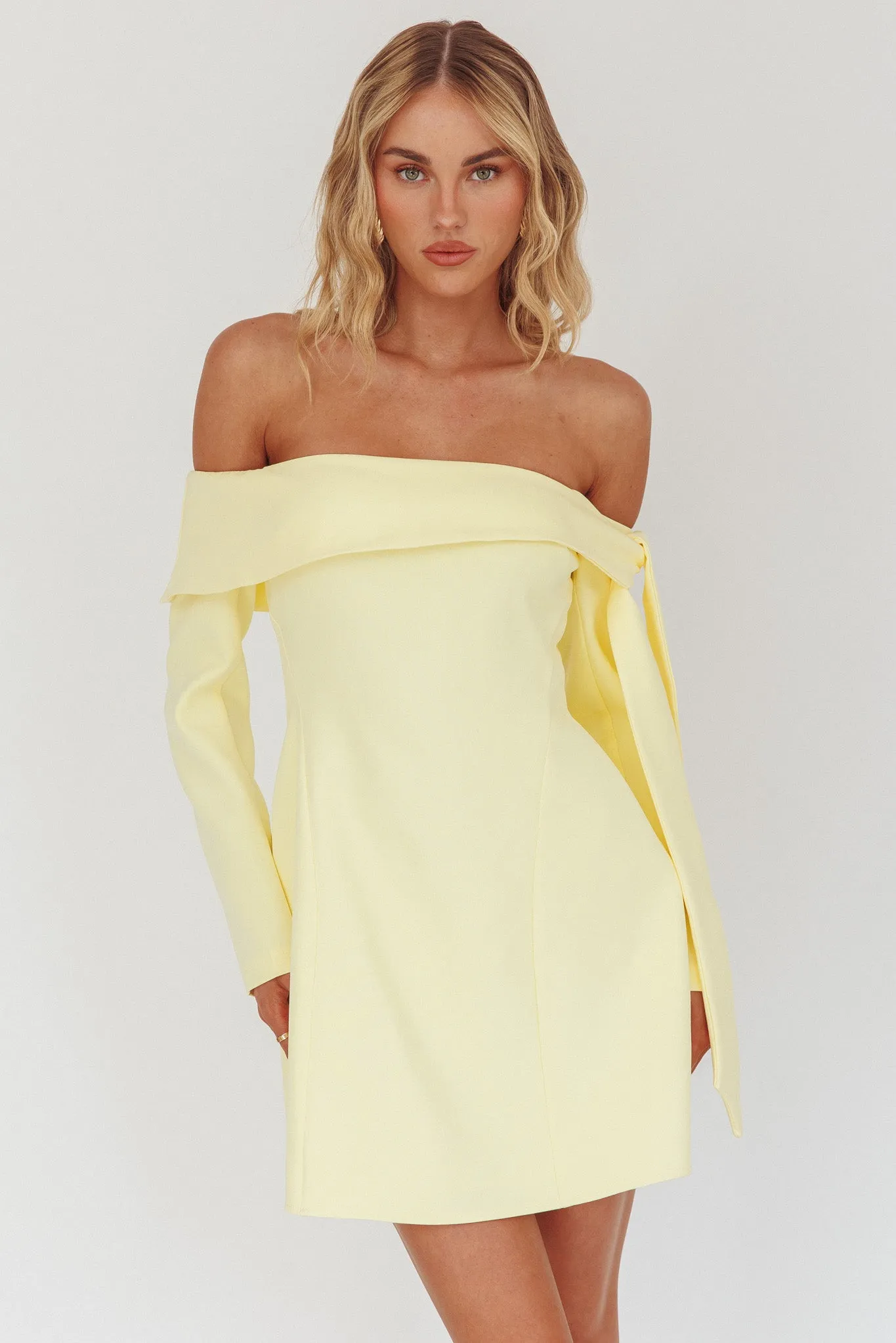 Aurora Sky Off-Shoulder Tie Mini Dress Lemon sold by Selfie Leslie product image thumbnail 5