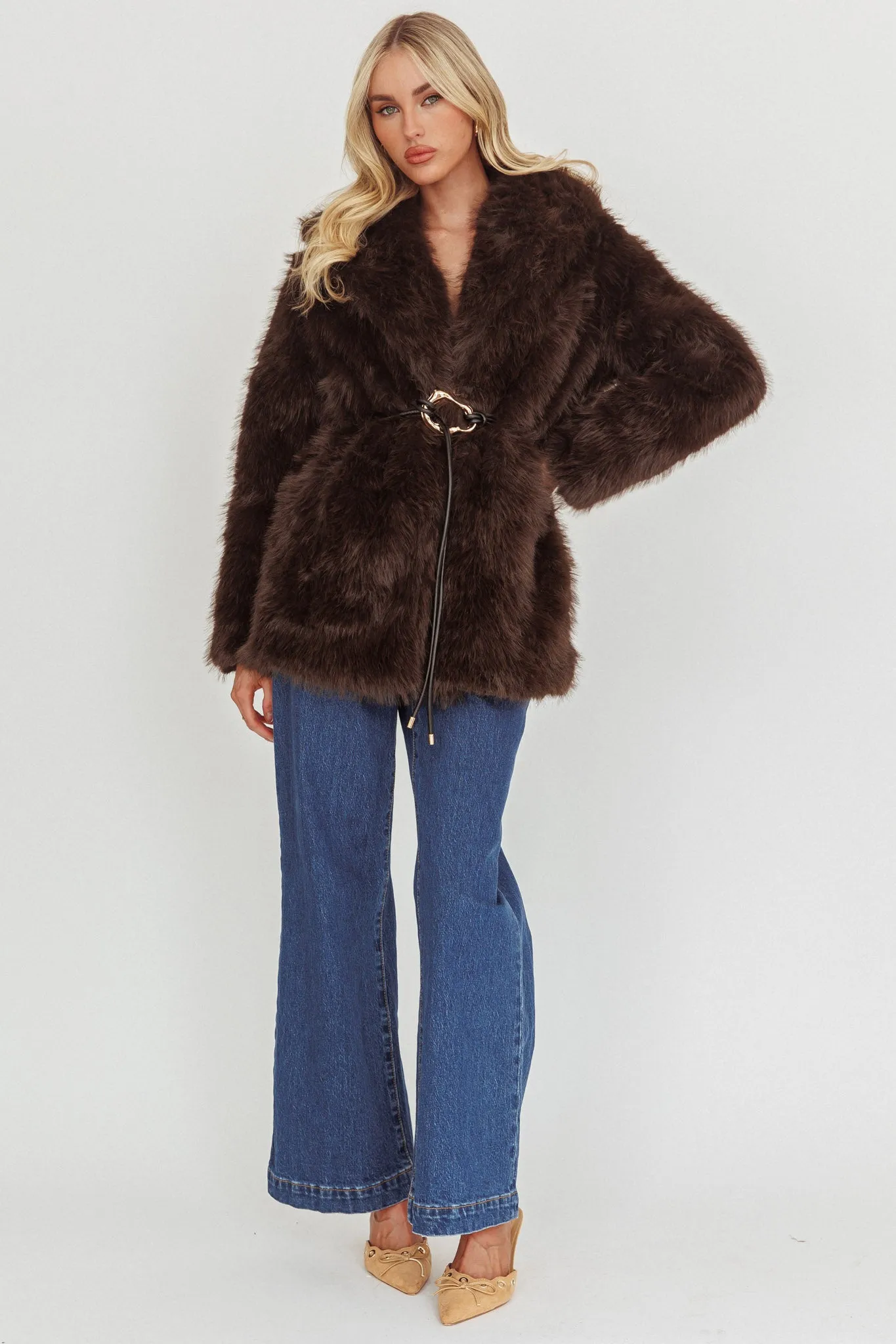 Brisa Belted Lapel Coat Faux Fur Brown sold by Selfie Leslie product image thumbnail 3