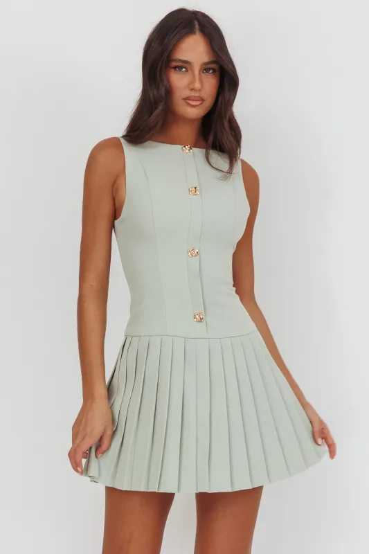 Opulent Pleat Skirt Button Mini Dress Sage sold by Selfie Leslie